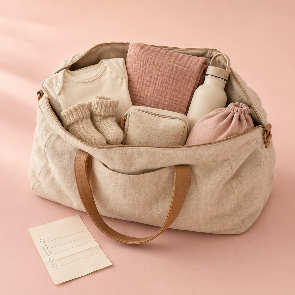 Liebevoll gepackte Kliniktasche aus hellem Leinen mit Babybody, Söckchen, Musselindecke und einer Packliste davor